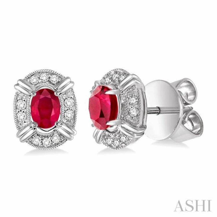 Bold Layering True Touch 5x3 MM Oval Cut Ruby and 1/10 Ctw Single Cut Diamond Earrings in 14K White Gold