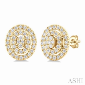 Shiny Texture Unique Treasures 1/5 Ctw Double Halo Oval Shape Petite Round Cut Diamond Fashion Stud Earring in 10K Yellow Gold