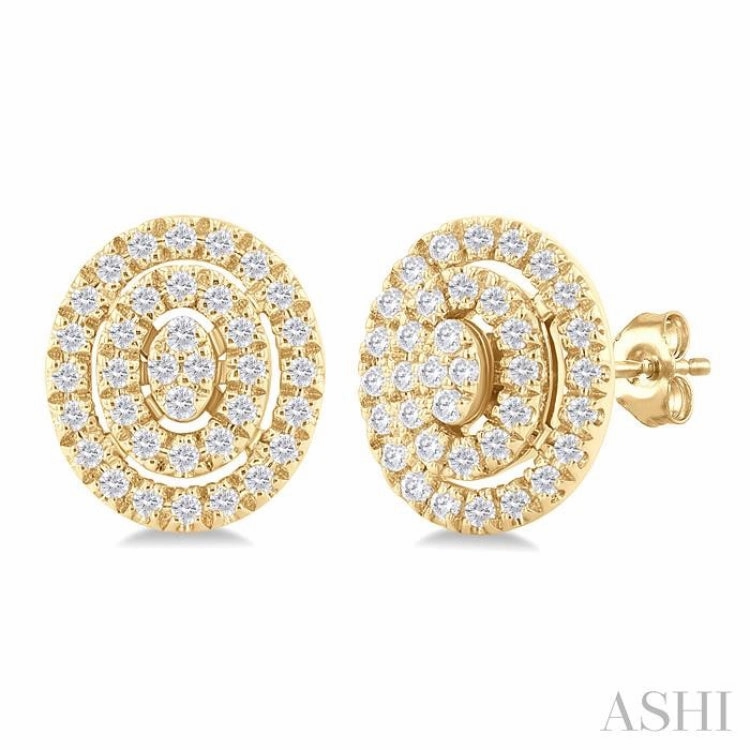 Shiny Texture Unique Treasures 1/5 Ctw Double Halo Oval Shape Petite Round Cut Diamond Fashion Stud Earring in 10K Yellow Gold