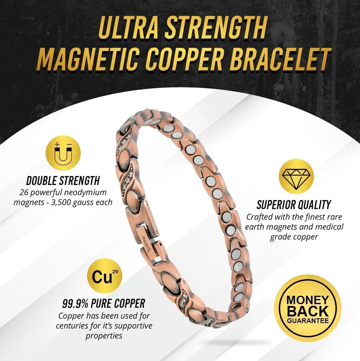 MagnetRX Copper Bracelets for Women – Ultra Strength Magnetic Crystal Bracelet for Women – Adjustable Copper Bracelet with Crystals with Included Sizing Tool (Crystal XO Style)