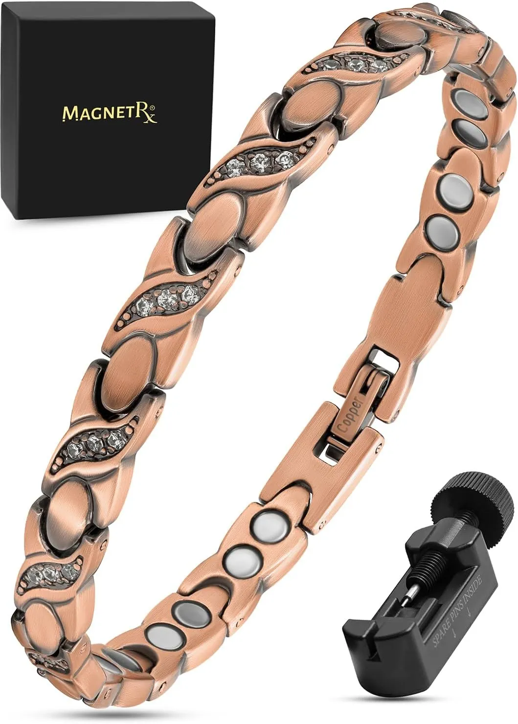 MagnetRX Copper Bracelets for Women – Ultra Strength Magnetic Crystal Bracelet for Women – Adjustable Copper Bracelet with Crystals with Included Sizing Tool (Crystal XO Style)