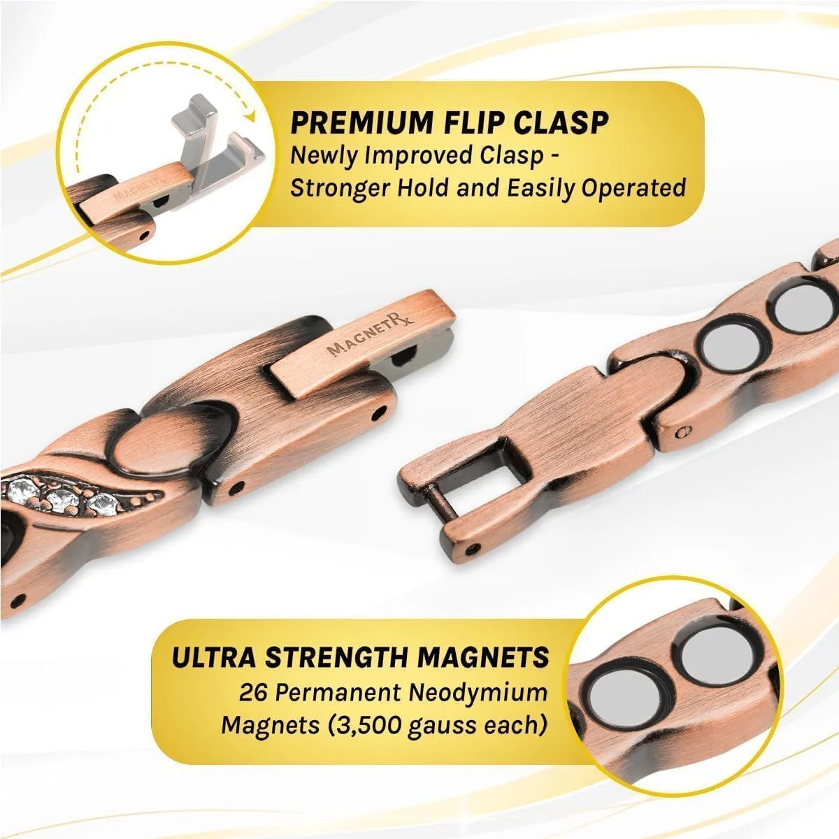 MagnetRX Copper Bracelets for Women – Ultra Strength Magnetic Crystal Bracelet for Women – Adjustable Copper Bracelet with Crystals with Included Sizing Tool (Crystal XO Style)