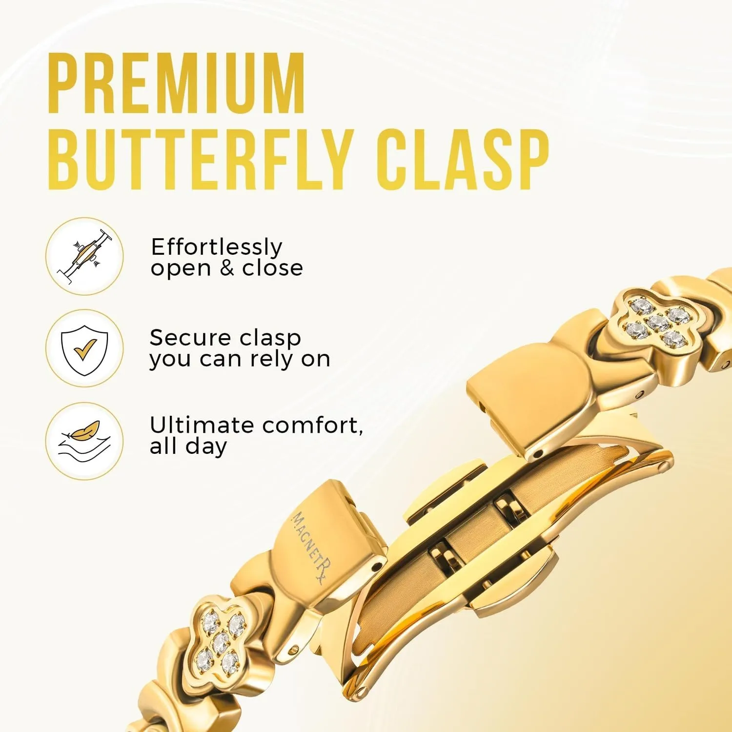 MagnetRX® Magnetic Bracelets for Women — Premium Four Leaf Clover Bracelet with Crystals and Ultra Strength Magnets — Adjustable Length with Included Sizing Tool (Gold)