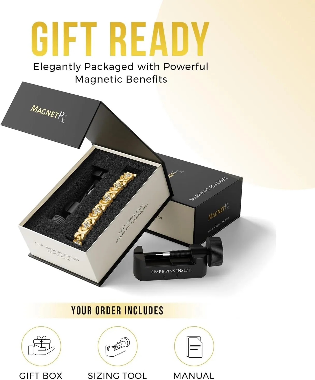 MagnetRX® Magnetic Bracelets for Women — Premium Four Leaf Clover Bracelet with Crystals and Ultra Strength Magnets — Adjustable Length with Included Sizing Tool (Gold)