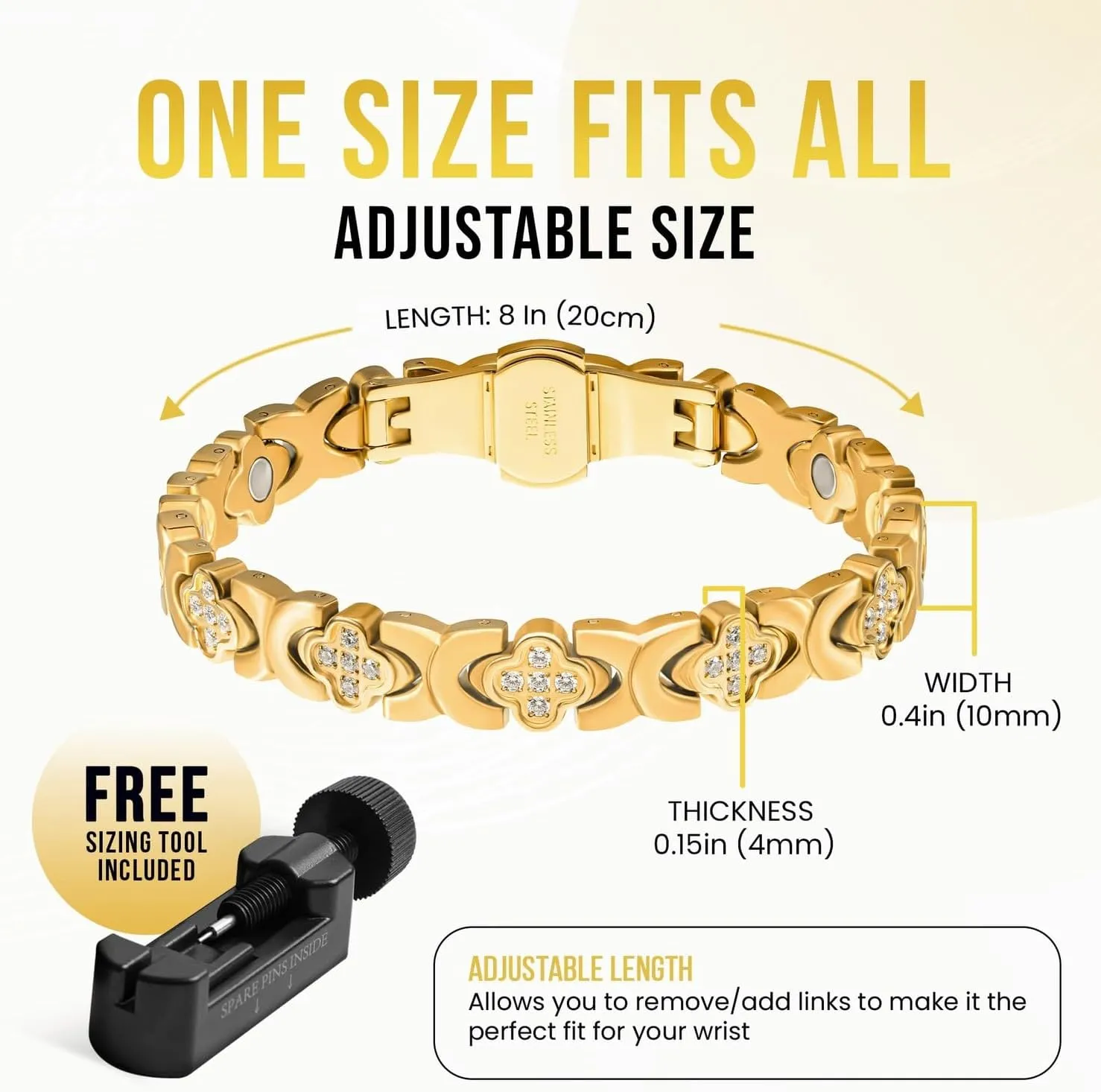 MagnetRX® Magnetic Bracelets for Women — Premium Four Leaf Clover Bracelet with Crystals and Ultra Strength Magnets — Adjustable Length with Included Sizing Tool (Gold)