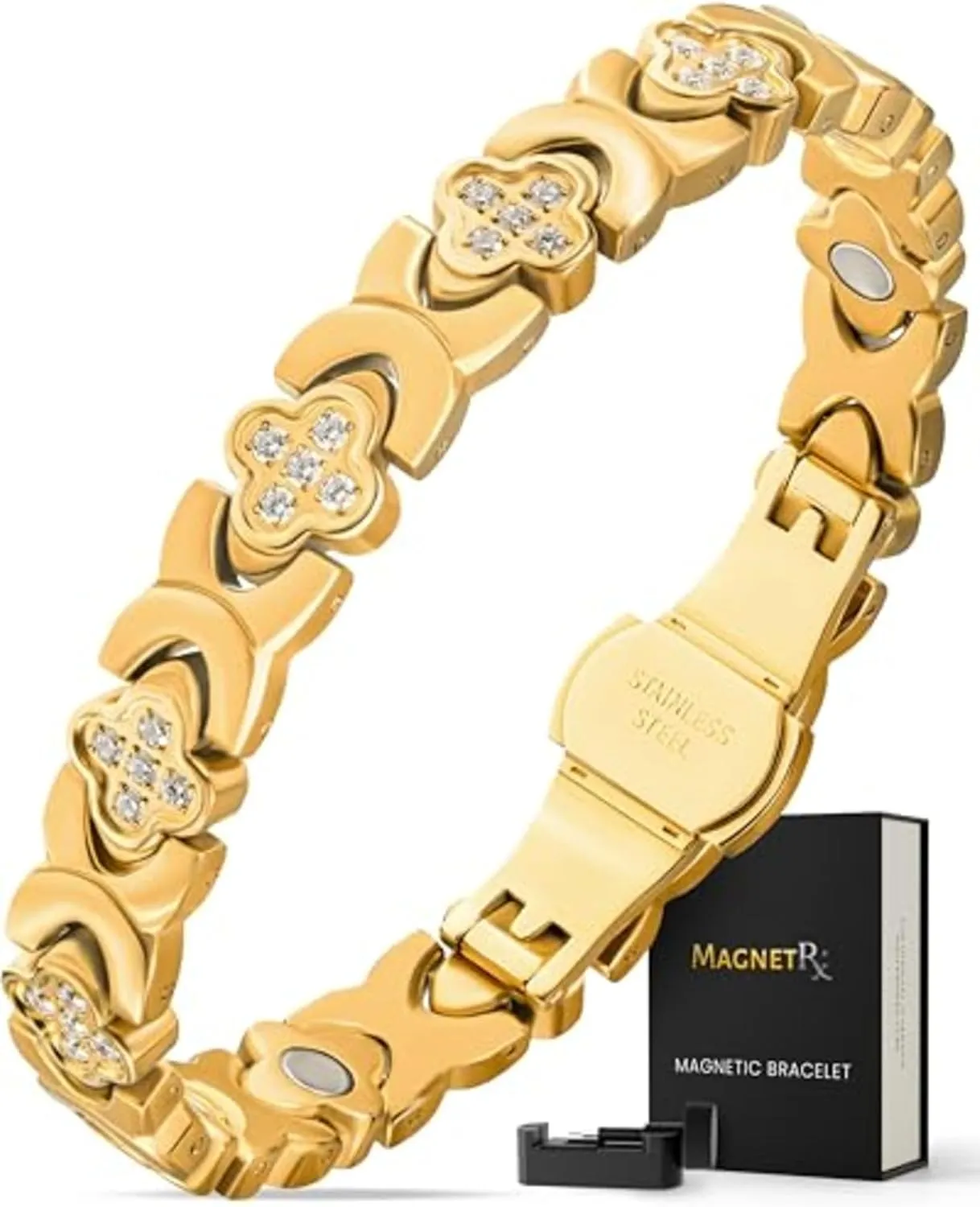 MagnetRX® Magnetic Bracelets for Women — Premium Four Leaf Clover Bracelet with Crystals and Ultra Strength Magnets — Adjustable Length with Included Sizing Tool (Gold)