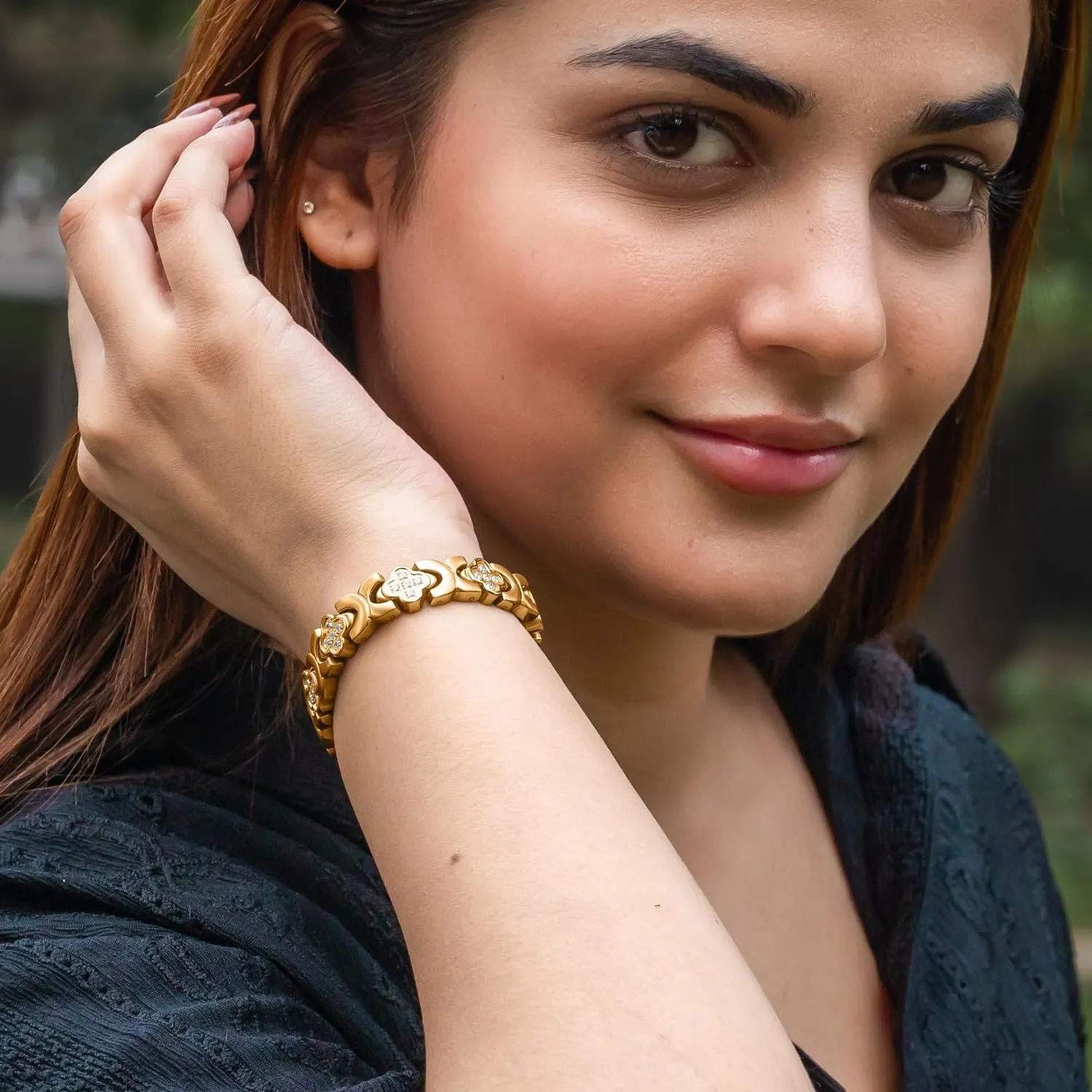 MagnetRX® Magnetic Bracelets for Women — Premium Four Leaf Clover Bracelet with Crystals and Ultra Strength Magnets — Adjustable Length with Included Sizing Tool (Gold)