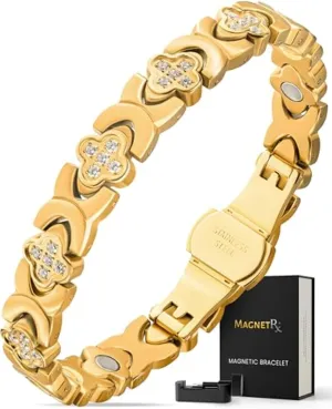 MagnetRX® Magnetic Bracelets for Women — Premium Four Leaf Clover Bracelet with Crystals and Ultra Strength Magnets — Adjustable Length with Included Sizing Tool (Gold)