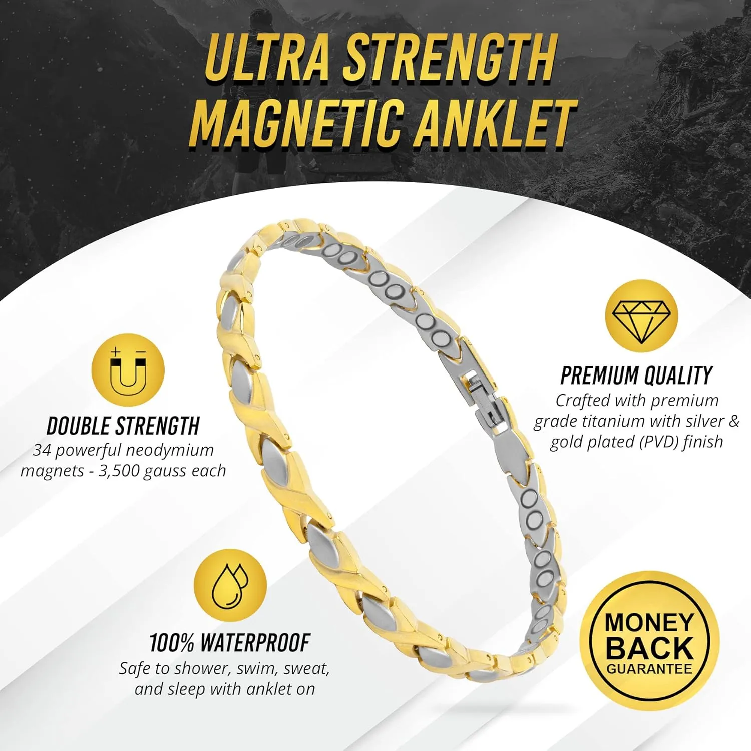 MagnetRX Titanium Magnetic Bracelet – Ultra Strength Magnets Anklet for Women (Silver & Gold)