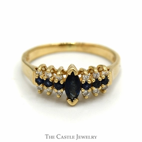 Marquise and Round Sapphire Ring with Diamond Accents in 10k Gold Daytime Gift Textured Finish