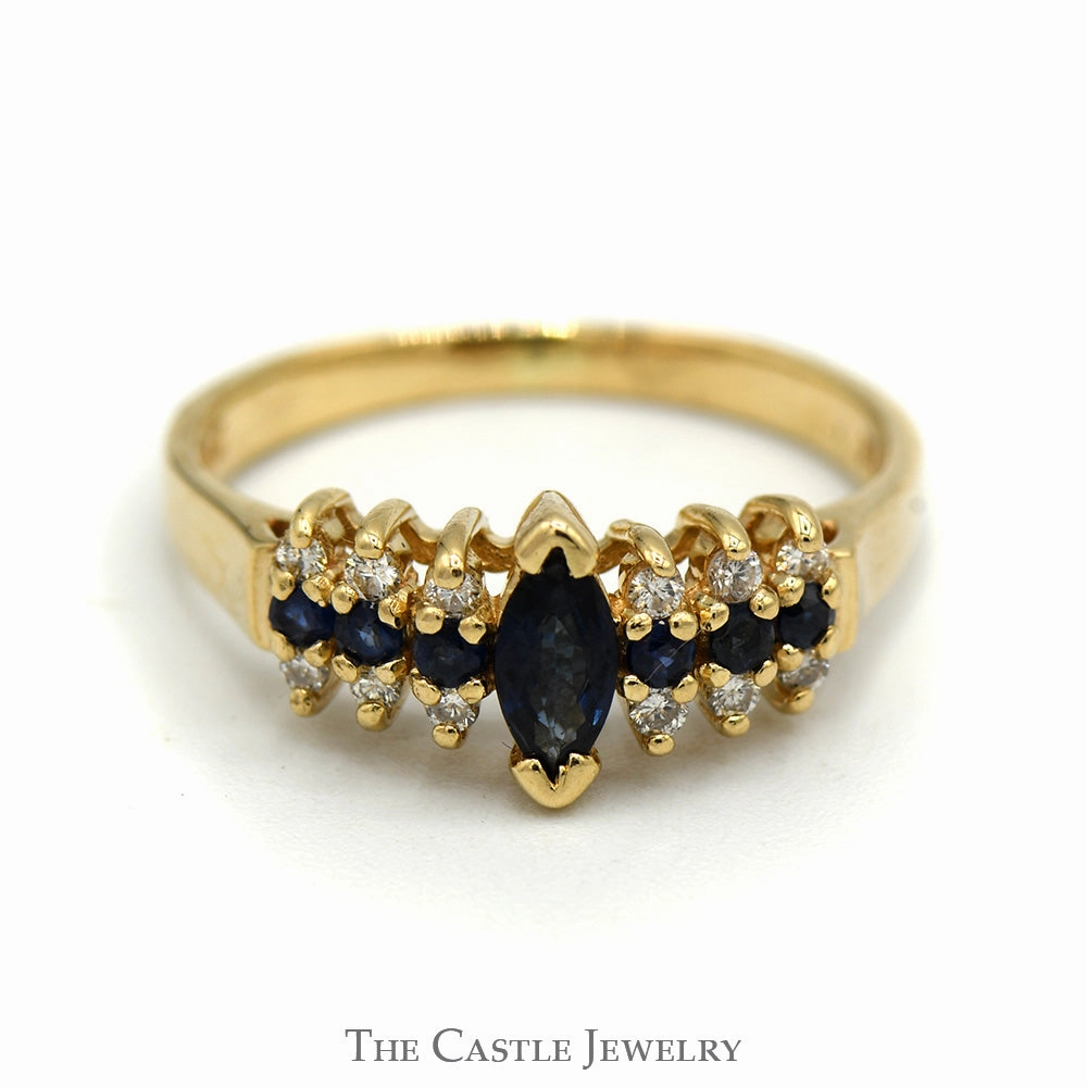 Marquise and Round Sapphire Ring with Diamond Accents in 10k Gold Daytime Gift Textured Finish