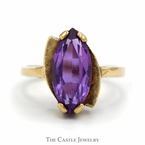 Cultural Gift Elegant Look Marquise Cut Amethyst Ring with Brushed Bypass Design in 10k Yellow Gold