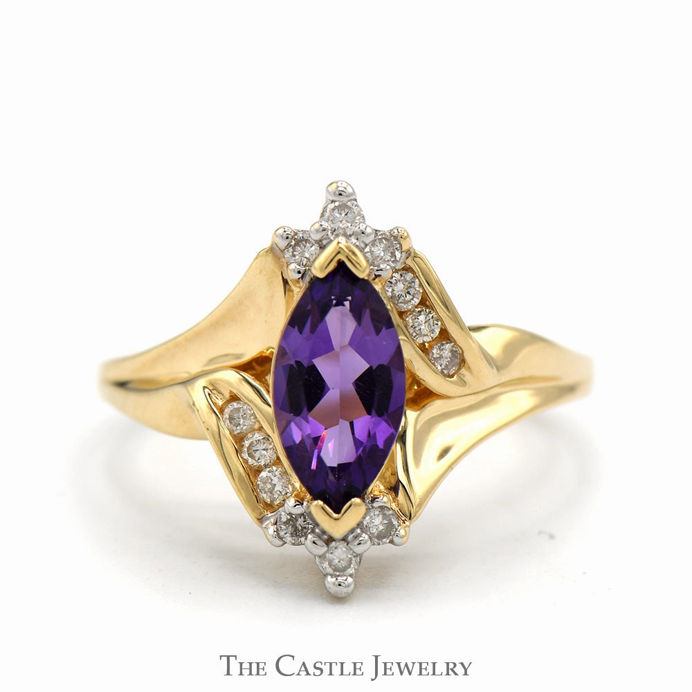 Marquise Cut Amethyst ring with Round Diamond Accents in 10k Yellow Gold Scratch Proof Weekend Accent