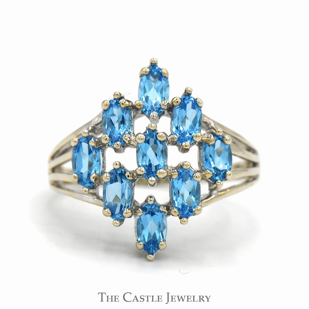 Strong Jewelry Creative Trinket Marquise Cut Blue Topaz Cluster Ring with Split Shank Sides in 10k White Gold