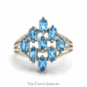 Strong Jewelry Creative Trinket Marquise Cut Blue Topaz Cluster Ring with Split Shank Sides in 10k White Gold