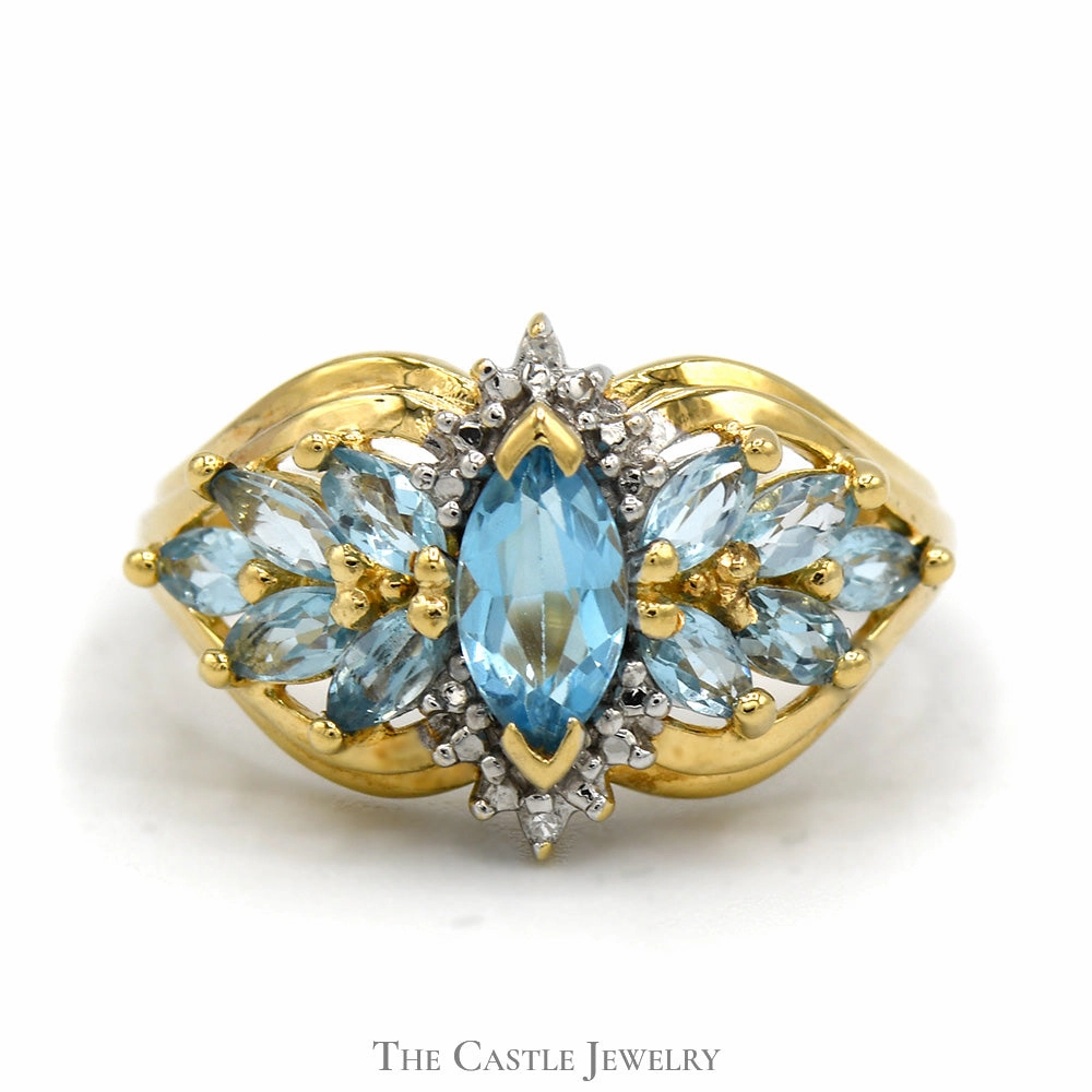 Marquise Cut Blue Topaz Ring with Blue Topaz Cluster and Diamond Accents in 10k Yellow Gold Essential Accessory Artistic Mark