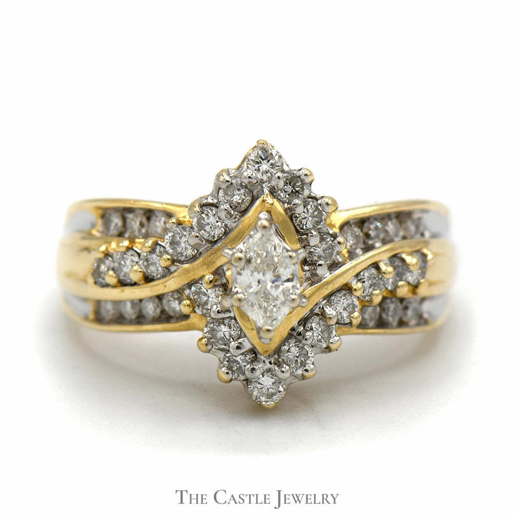 Marquise Cut Diamond Ring with Diamond Halo in 14k Yellow Gold Bypass Mounting Eternal Embellishment Groomsmen Gift