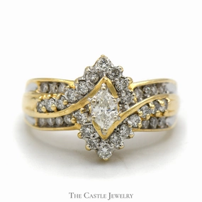 Marquise Cut Diamond Ring with Diamond Halo in 14k Yellow Gold Bypass Mounting Eternal Embellishment Groomsmen Gift
