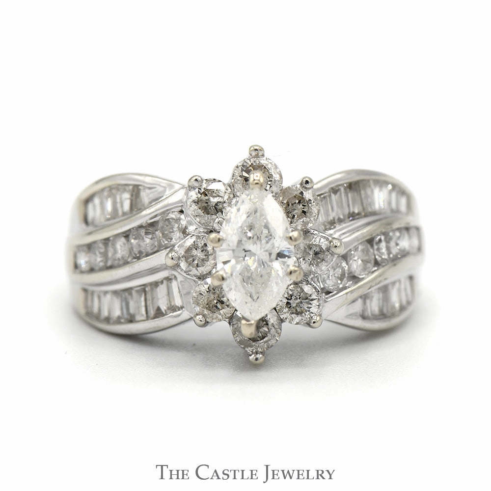 Everyday Function Marquise Cut Diamond Solitaire with Diamond Halo and Baguette Diamond Accented Sides in 14k White Gold