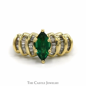 Daywear Style Outfit Highlight Marquise Cut Emerald Ring with Baguette Cut Diamond Accents in 10k Yellow Gold