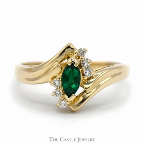 Wonderful Ornament Marquise Cut Emerald Ring with Diamond Accents in 14k Yellow Gold