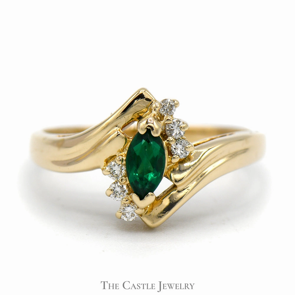 Wonderful Ornament Marquise Cut Emerald Ring with Diamond Accents in 14k Yellow Gold
