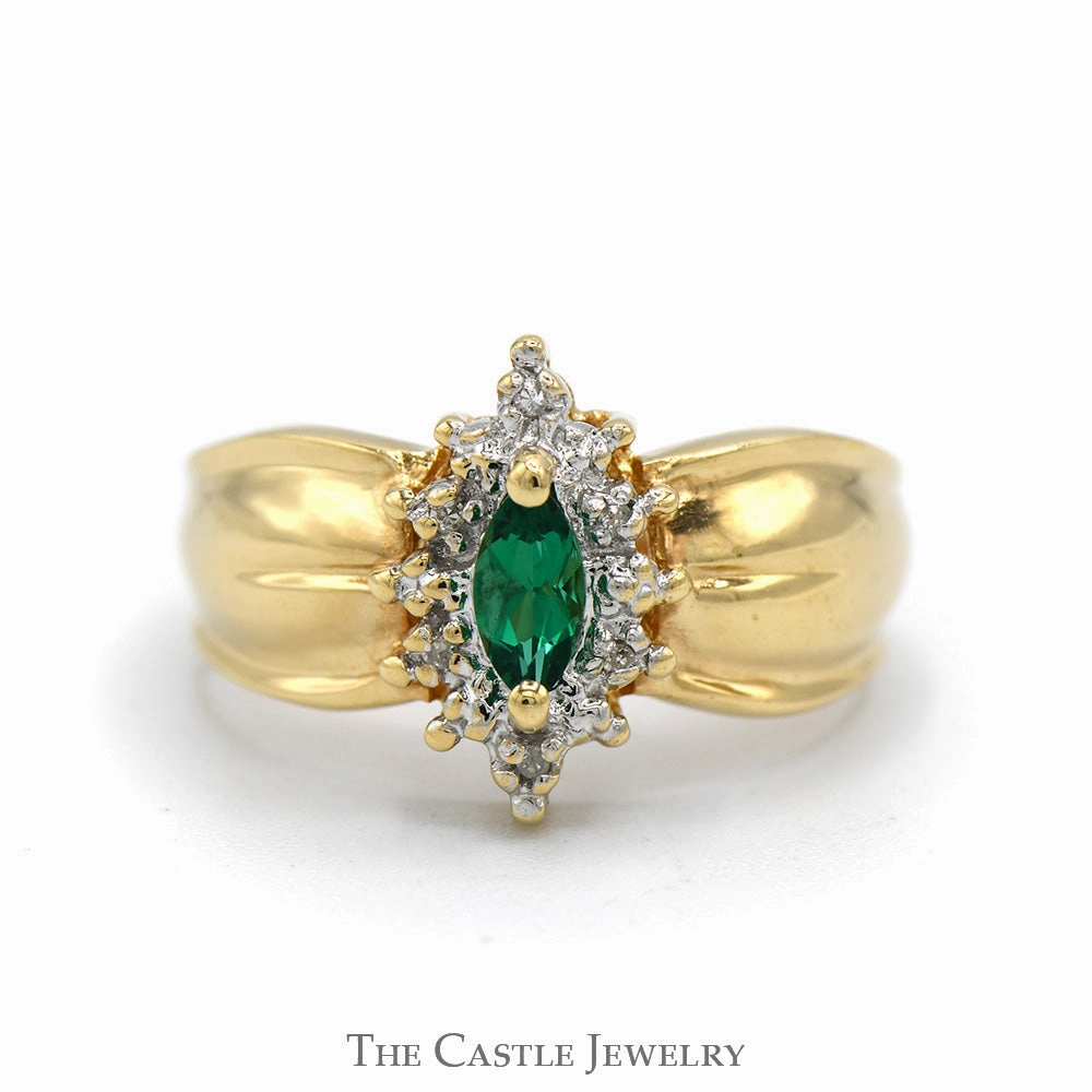 Marquise Cut Emerald Ring with Diamond Halo in 10k Yellow Gold Low Key Functional Style