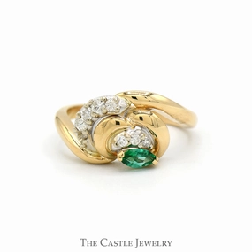 Fashion Accessory Daily Style Marquise Cut Emerald Swirled Designed Ring with Diamond Accents in 14k Yellow Gold