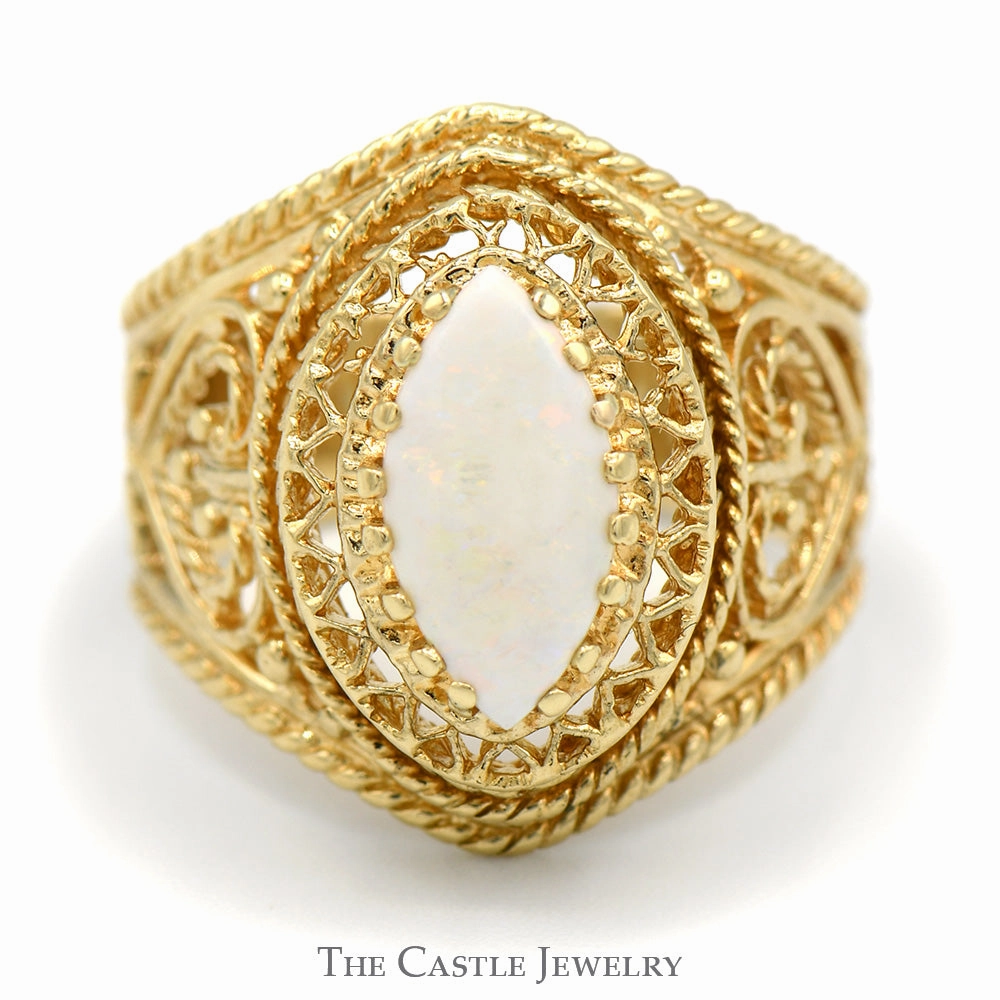 Marquise Cut Opal Dome Ring with Filigree Sides in 10k Yellow Gold Premium Art Special Friend