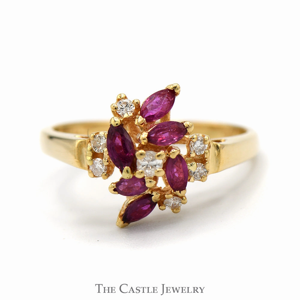 Marquise Cut Ruby and Round Diamond Cluster Ring in 14k Yellow Gold Custom Embellishment