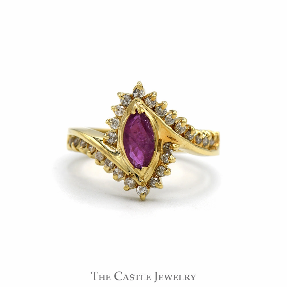 Marquise Cut Ruby Ring with Diamond Accented Sides in 14k Yellow Gold Bypass Mounting Amazing Item Youthful Accessory