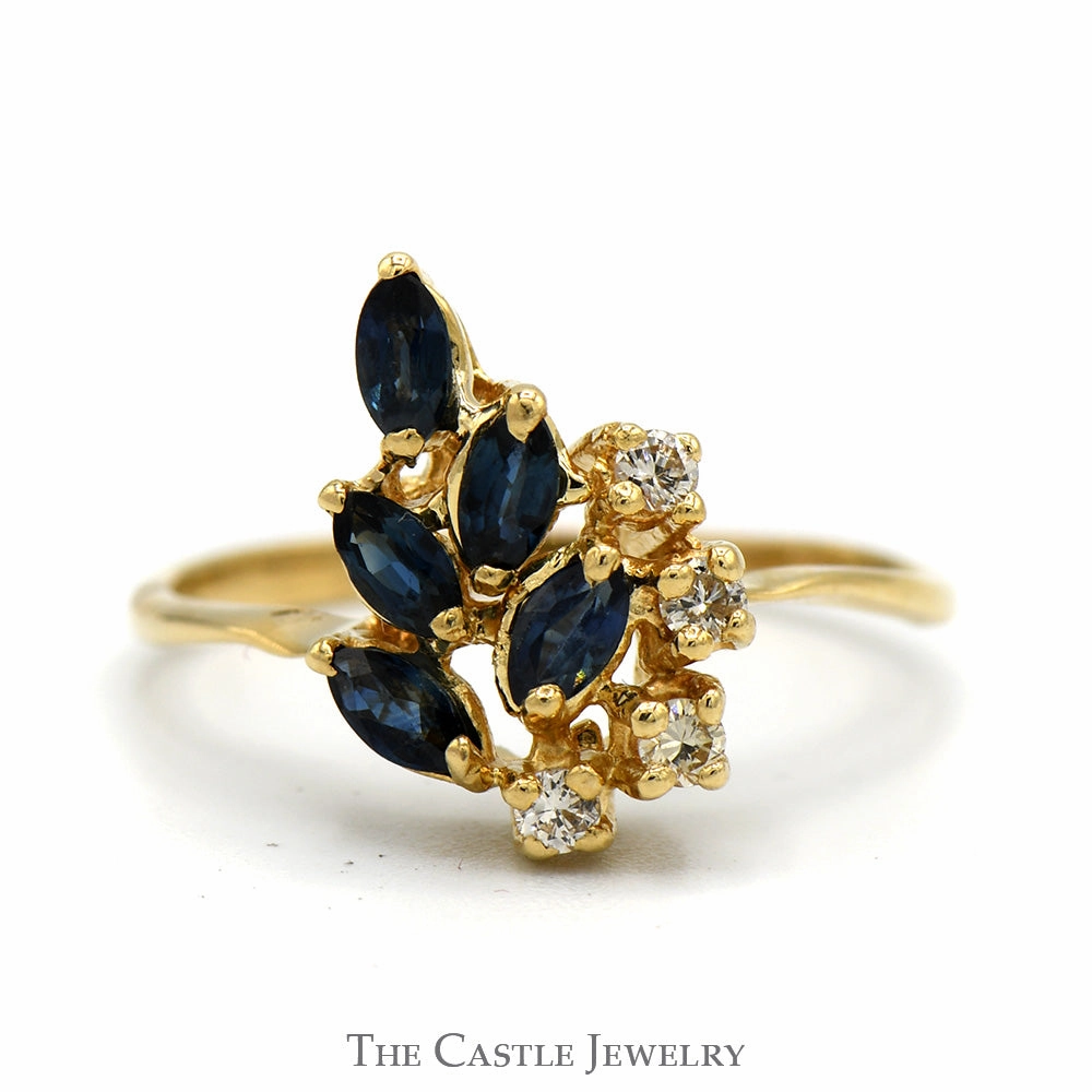 Stylish Craft Marquise Cut Sapphire & Round Diamond Cluster Ring in 14k Yellow Gold