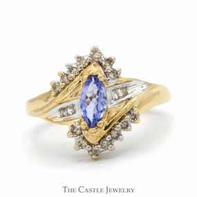 Petite Gift Marquise Cut Tanzanite Ring with Diamond Accents in 10k Yellow Gold