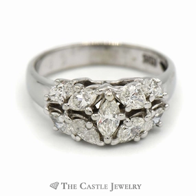 Marquise Diamond Cluster Ring with Polished Sides in 18K White Gold Statement Touch Anniversary Present