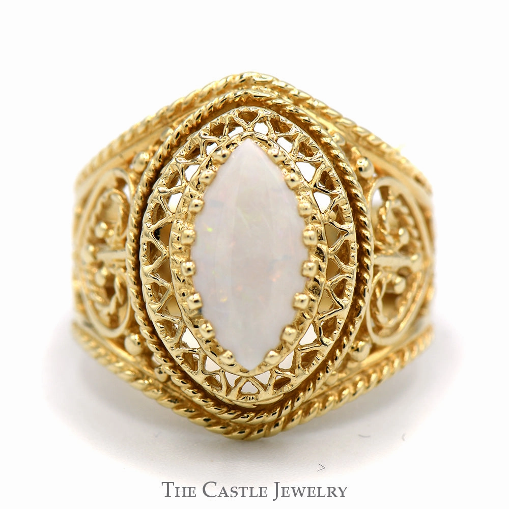 Classic Detail Marquise Opal Solitaire Dome Ring with Filigree Design in 10k Yellow Gold