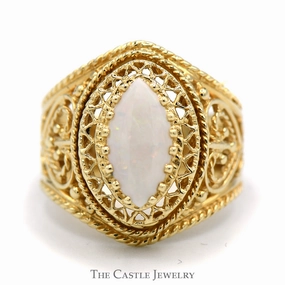 Classic Detail Marquise Opal Solitaire Dome Ring with Filigree Design in 10k Yellow Gold