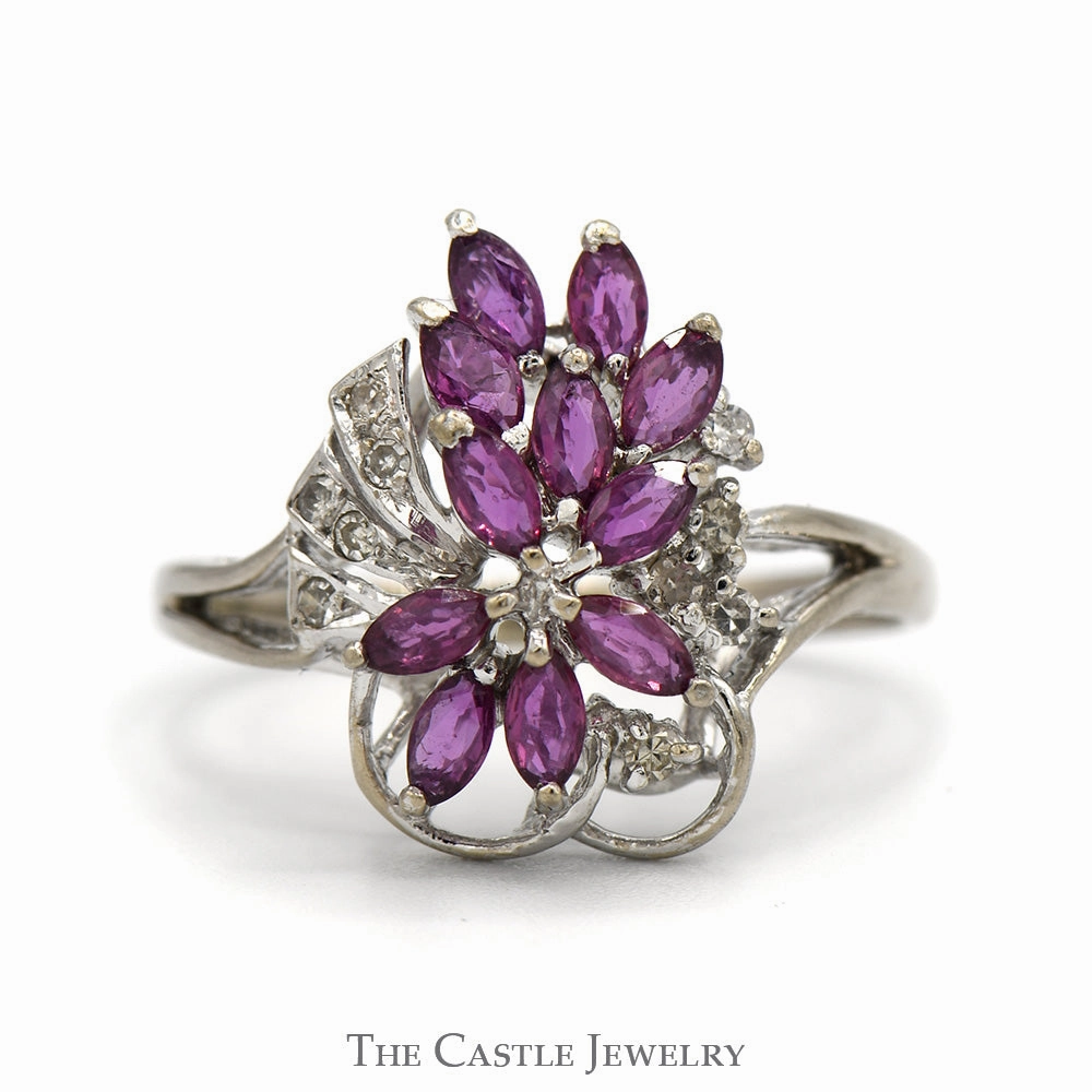 Personal Adornment Modern Design Marquise Ruby & Round Diamond Cluster Ring in 14k White Gold Split Shank Setting