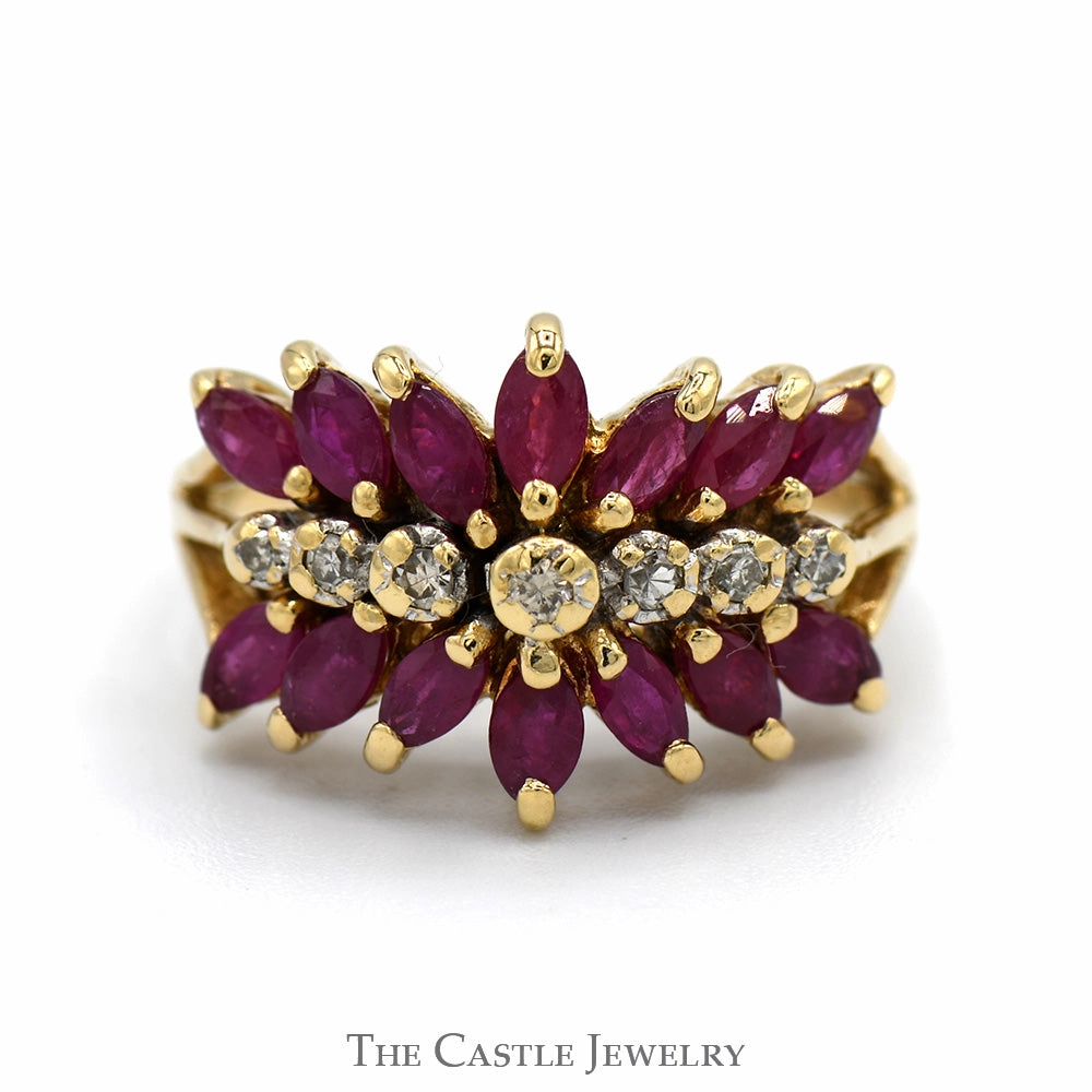Marquise Ruby and Round Diamond Cluster Ring in 14k Yellow Gold Wonderful Piece