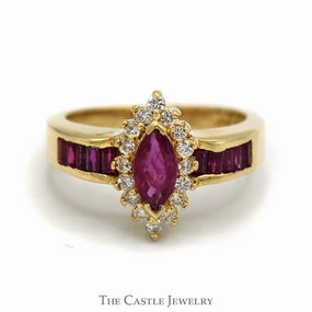 Rounded Corner Marquise Ruby Ring with Diamond Halo and Channel Set Ruby Baguettes