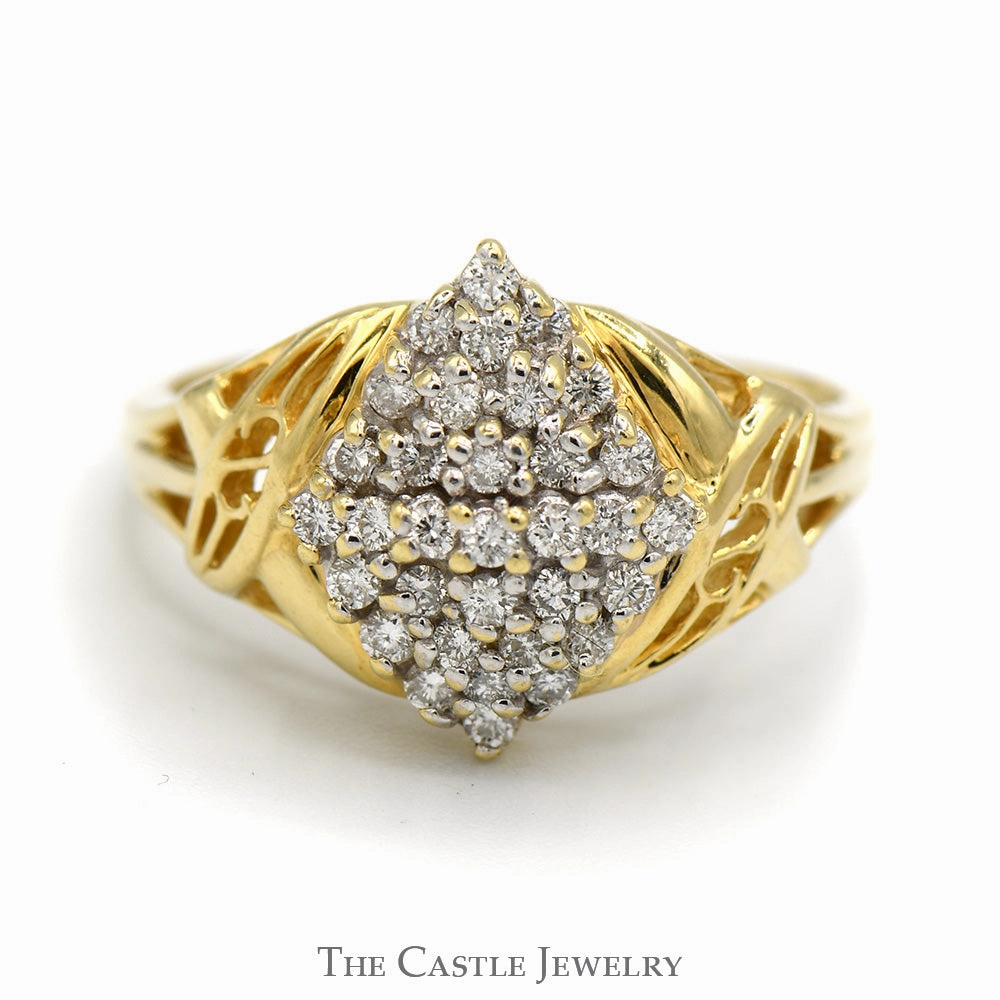 Delicate Trinket Marquise Shaped 1/2cttw Diamond Cluster Ring with Open X Designed Sides in 14k Yellow Gold