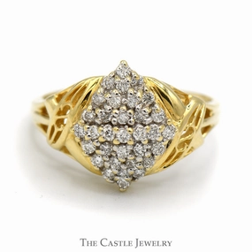 Delicate Trinket Marquise Shaped 1/2cttw Diamond Cluster Ring with Open X Designed Sides in 14k Yellow Gold