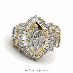Marquise Shaped 1.33cttw Round & Baguette Diamond Cluster Ring in 10k Yellow Gold Artisan Gift Wearable Art