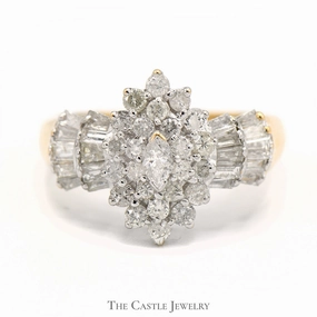 Classic Product Marquise Shaped 1cttw Diamond Cluster Ring with Baguette Accents in 10k Yellow Gold