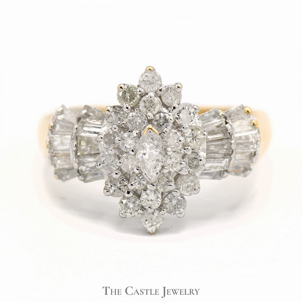Classic Product Marquise Shaped 1cttw Diamond Cluster Ring with Baguette Accents in 10k Yellow Gold
