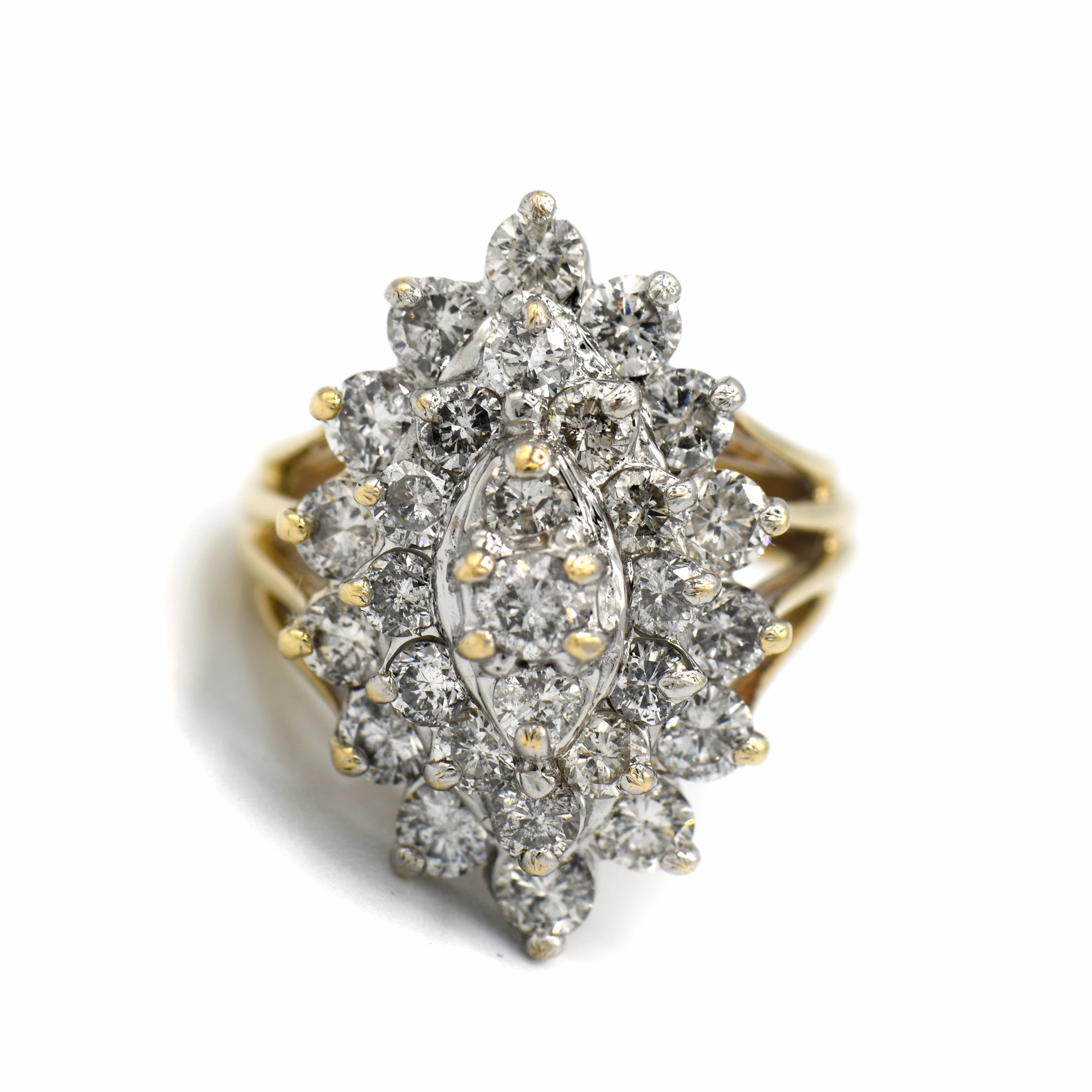 Luxurious Accent On Trend Marquise Shaped 2.5ctttw Round Diamond Cluster Ring with Split Shank Sides in 14k Yellow Gold