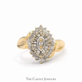 Mass market Marquise Shaped Cluster Ring with Baguette & Round Diamonds in 14k Yellow Gold