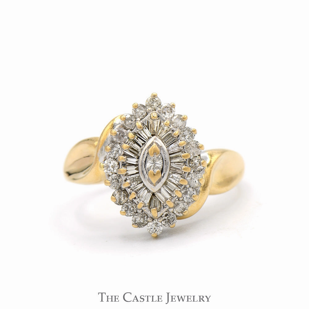 Mass market Marquise Shaped Cluster Ring with Baguette & Round Diamonds in 14k Yellow Gold