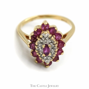 Marquise Shaped Diamond & Ruby Cluster Ring in 10k Yellow Gold Elegant Motion Sparkling Art