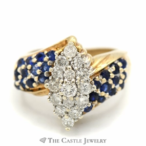 Marquise Shaped Diamond Cluster and Synthetic Sapphire Cluster Ring in 10k Yellow Gold Floral Pattern