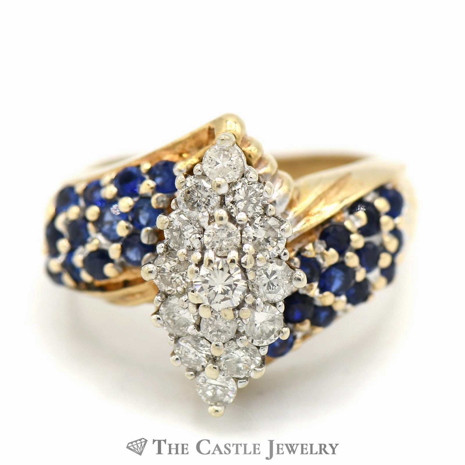 Marquise Shaped Diamond Cluster and Synthetic Sapphire Cluster Ring in 10k Yellow Gold Floral Pattern